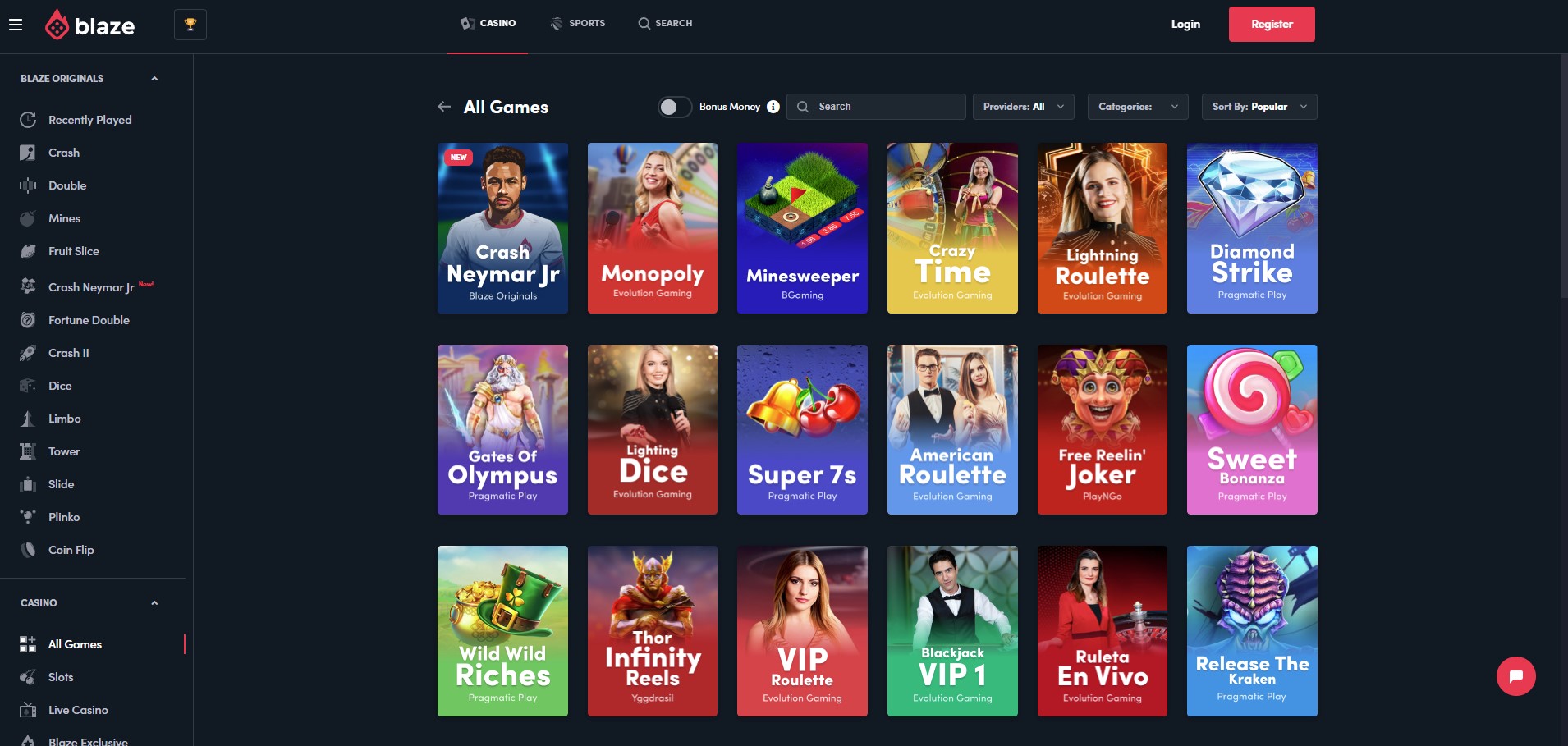 Catalogue jeux Blaze Casino slots live casino mini-jeux original games